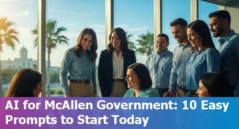 City of McAllen skyline with icons representing AI use cases: chatbot, traffic signals, shield for public safety, and documents.