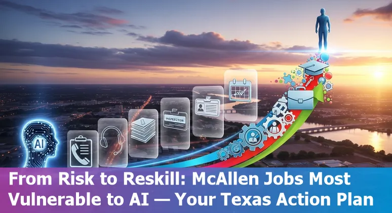 McAllen city hall worker at a computer with AI icons and reskilling symbols
