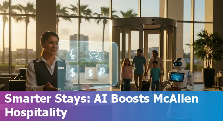 Hotel front desk with bilingual chatbot and AI reservation waveforms representing AI tools used in McAllen hotels