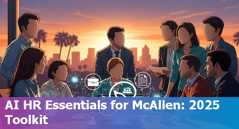 HR professional using AI tools dashboard with McAllen, Texas skyline in the background