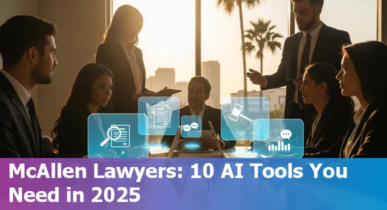 Collage of AI tools logos and a Texas map pin on McAllen with legal icons (gavel, contract, scales).