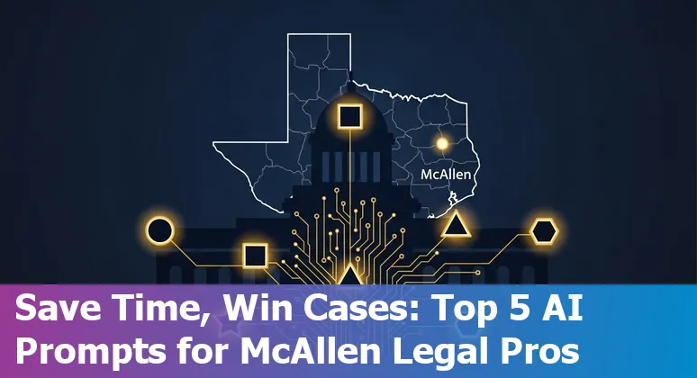 Attorney in McAllen using AI on a laptop with legal documents and a checklist of five AI prompt templates.