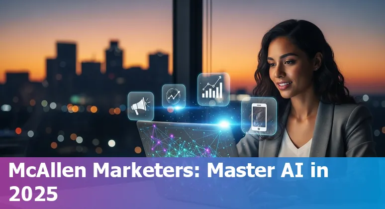 Marketing professional using AI tools in McAllen, Texas, US skyline background