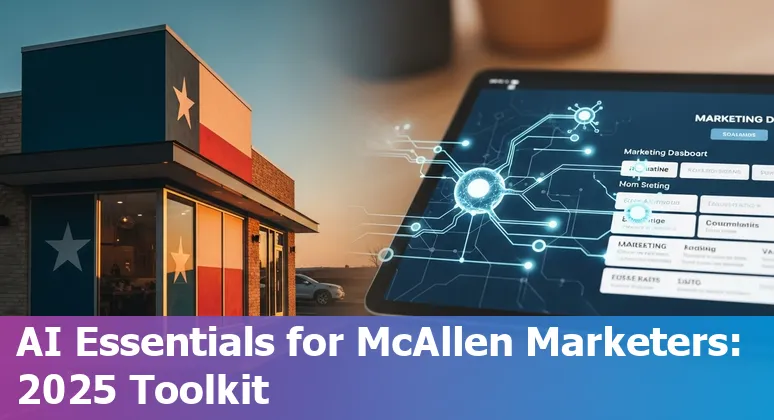 McAllen marketer using AI tools on laptop with bilingual ad copy and local skyline in background