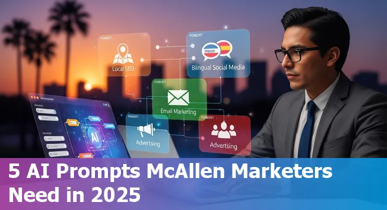 Marketing professional using AI tools on laptop for McAllen local campaign, bilingual social posts on screen