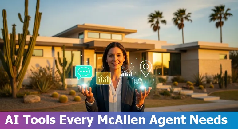 Drone view of McAllen, Texas with annotated parcel maps and AI icons representing real estate tech.