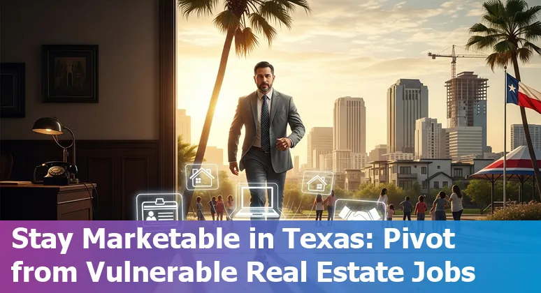 Real estate agent reviewing property documents with AI icons overlay, McAllen skyline in background