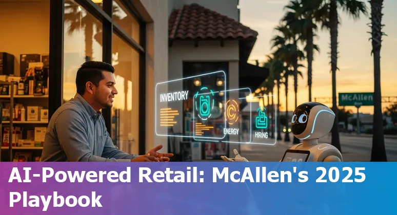 Retail AI illustration depicting a McAllen, Texas storefront using AI tools, energy dashboard, and customer chatbots.