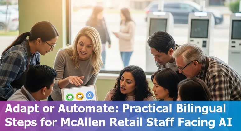 Retail worker helping customer in McAllen store with bilingual signage and AI tools in background.