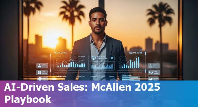 Sales professional using AI tools with McAllen, Texas, US skyline visible on screen