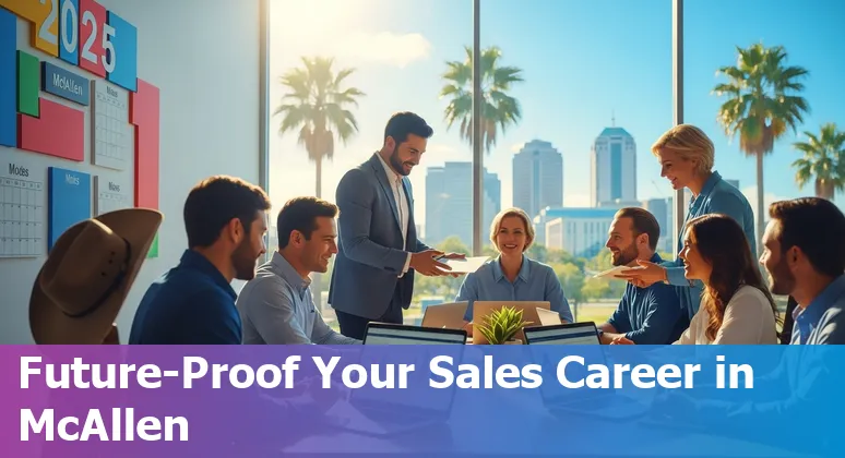 Salesperson using AI tools on a laptop in McAllen, Texas skyline in background, showing adaptation to AI in Texas, US