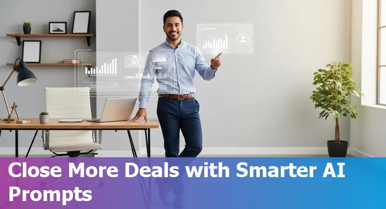 Sales professional in McAllen using AI prompts on a laptop, with Rio Grande Valley skyline in background.