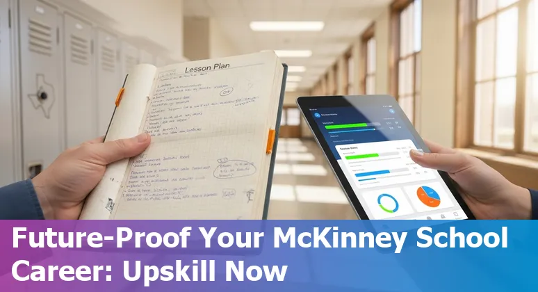Teacher using AI tools in a McKinney classroom while students collaborate on a project