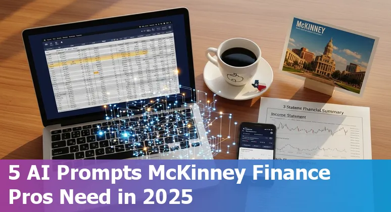 Finance professional laptop showing AI-generated monthly update, cash flow forecast, and cap table in McKinney office.