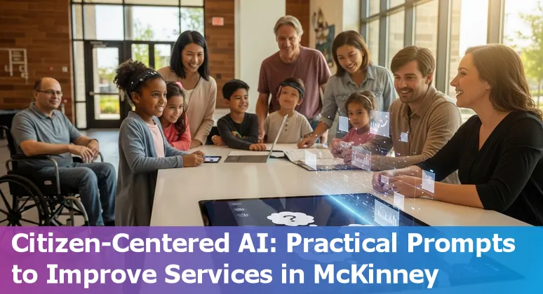 City of McKinney municipal building with overlay icons representing AI use cases like chatbots, drones, and data charts.