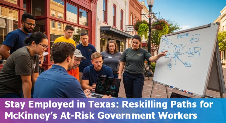 City clerk using a laptop with AI icons overlay, representing McKinney municipal staff adapting to AI.