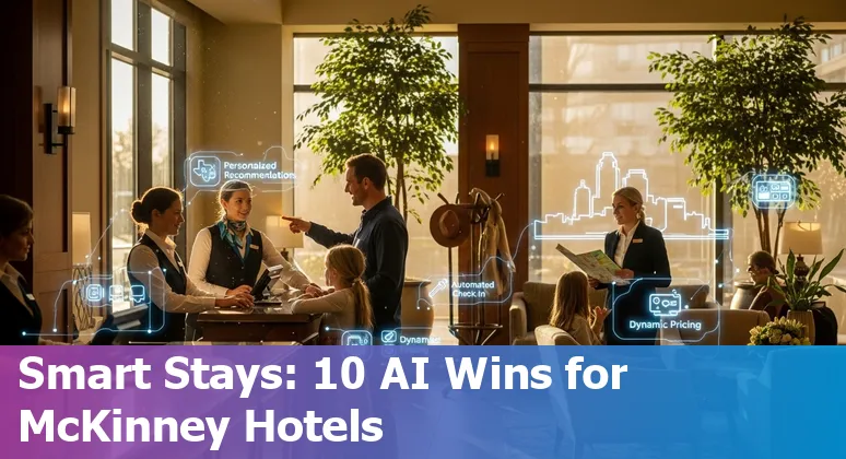 Hotel front desk tablet showing AI reservation assistant with McKinney skyline in background