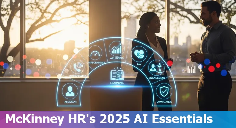 HR professional using AI tools dashboard showing candidate interviews, learning modules, and analytics on a laptop in an office in McKinney, Texas.