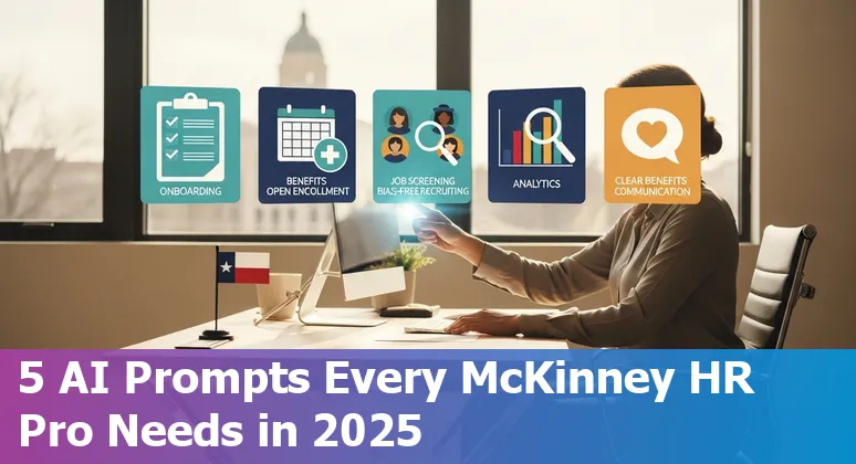 HR professional using AI prompts on a laptop with McKinney, Texas skyline in the background