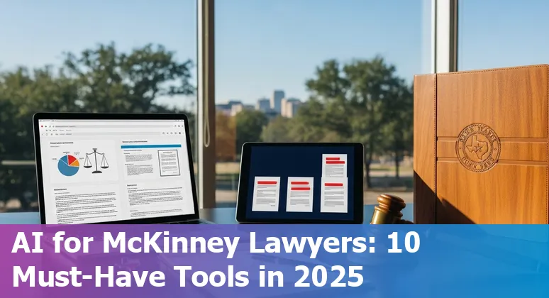 Lawyer using AI-assisted drafting tools on a laptop with Texas and McKinney map overlay.