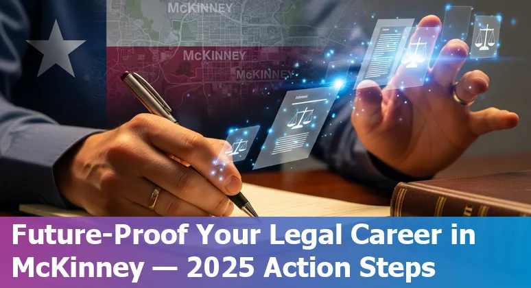 Lawyer and AI interface illustration with McKinney, Texas skyline — legal jobs in Texas, 2025