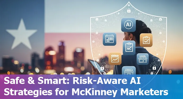Marketing professional using AI tools in McKinney, Texas in 2025: laptop with AI dashboards, local storefronts visible.