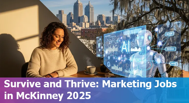 Businessperson using AI marketing tools on laptop in McKinney, Texas skyline background