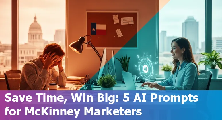 Marketing professional using AI prompts on a laptop with McKinney, Texas skyline in the background