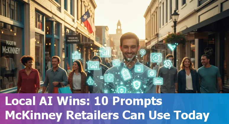 Retail store manager in McKinney using AI prompts on a laptop to create local promotions and inventory forecasts.