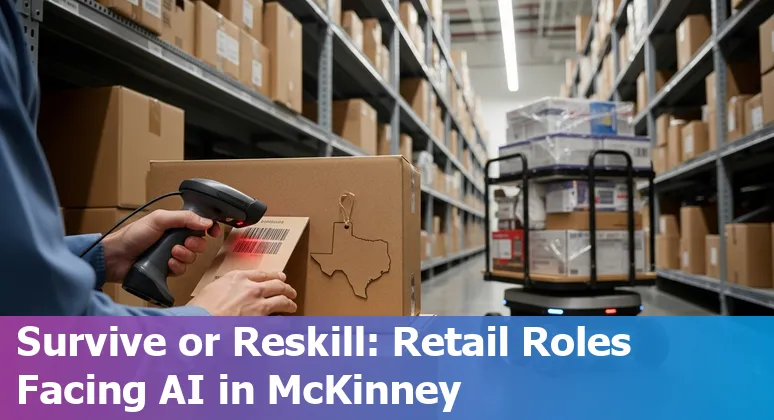 Retail worker assisting customer near a self-checkout kiosk in McKinney, Texas with shelf stockers and an AI-powered inventory tablet visible.