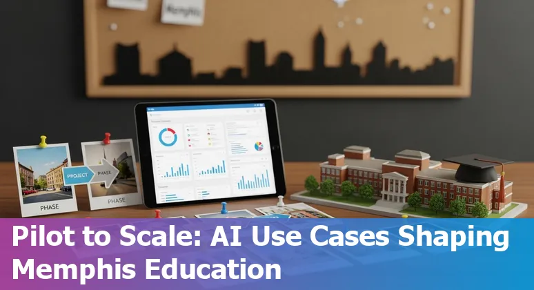Teacher using AI tools with Memphis students; icons for personalized learning, accessibility, and mental health support.