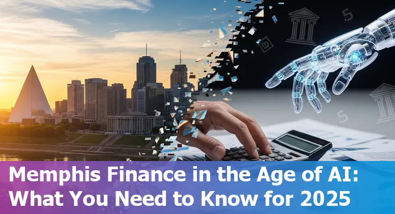 Finance professional using AI tools on a laptop in Memphis, Tennessee skyline background