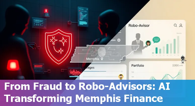Bank employee using AI dashboard showing fraud alerts, chatbots, and compliance checks in Memphis financial services.