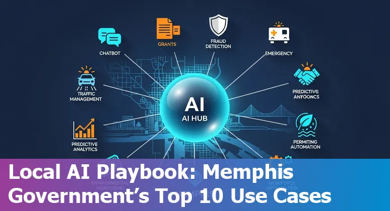 City of Memphis officials using AI tools on laptop with Memphis skyline and Colossus supercomputer graphic