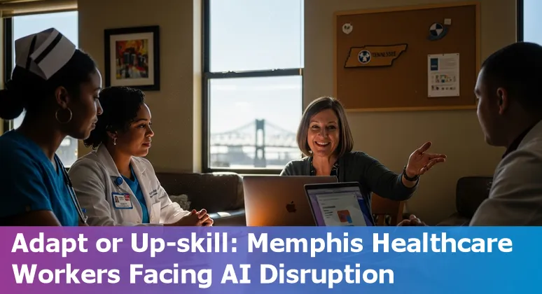 Healthcare worker reviewing AI-assisted medical charts with Memphis skyline and data center silhouettes in background
