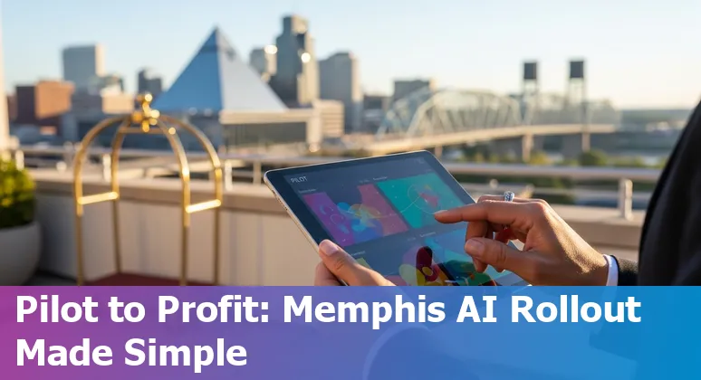 Hotel lobby staff using AI-powered guest messaging tablet with Memphis, Tennessee skyline and Beale Street signage in background