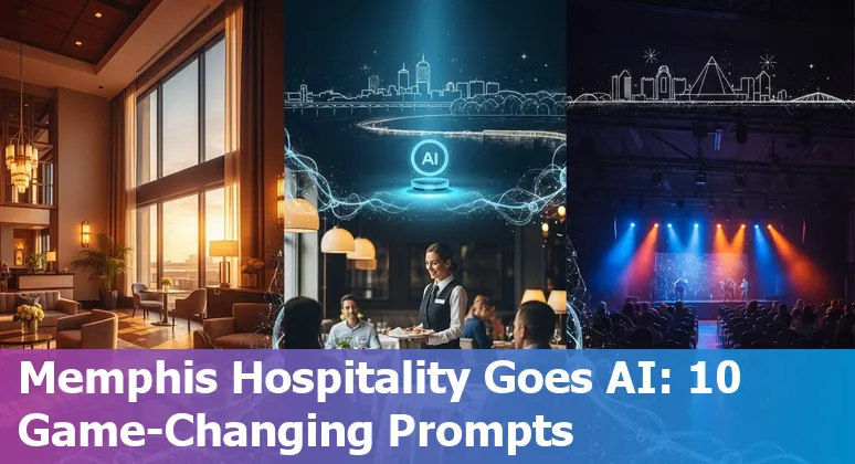 Hotel lobby in Memphis with AI icons showing personalized guest messages, energy savings, and event planning.