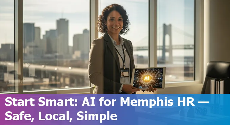 HR professional using AI tools on a laptop in Memphis, Tennessee, US skyline background