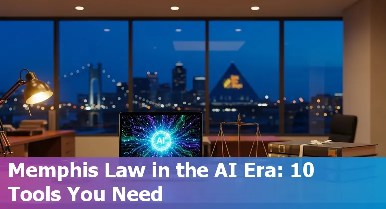 Collage of AI tools logos with Memphis skyline and courthouse representing legal technology in 2025