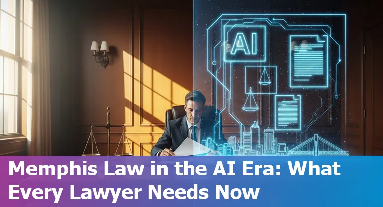 Lawyer using AI tools on a laptop in Memphis, Tennessee skyline background