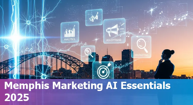 A collage of AI marketing tools logos with Memphis skyline in the background.