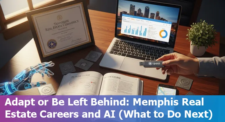 Rows of Memphis homes and a laptop showing AI tools, symbolizing real estate jobs adapting to AI in Memphis.