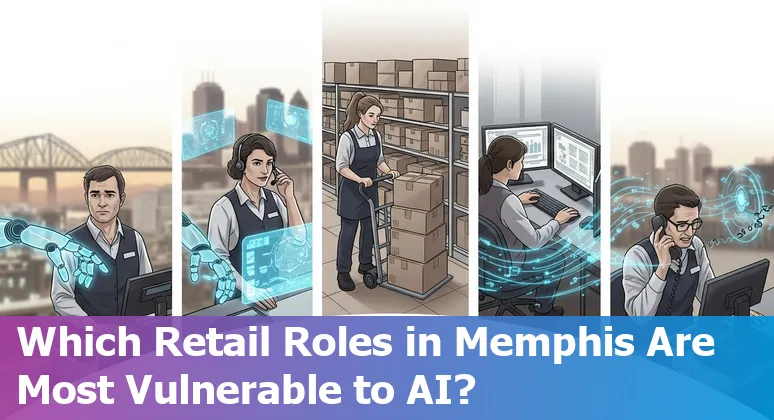 Retail worker next to a self-checkout kiosk with Memphis skyline and warehouse conveyors in the background