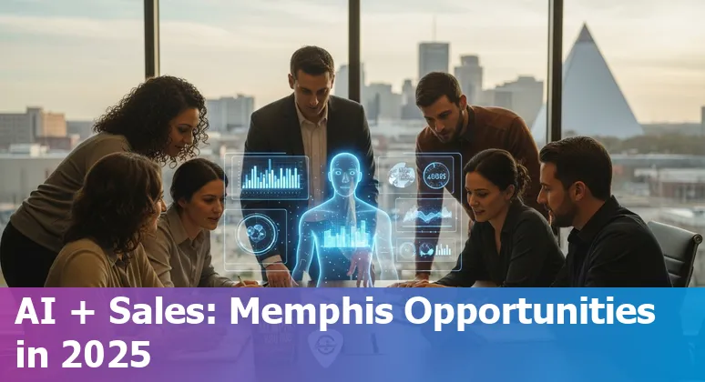 Sales rep using AI tools on laptop in Memphis, Tennessee skyline in background