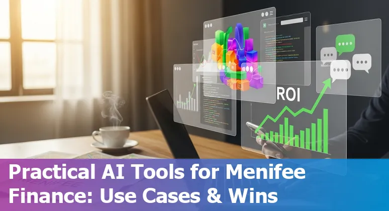 Finance professional using AI dashboard on laptop in Menifee, California office in 2025