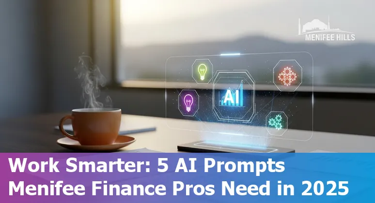 Finance professional in Menifee using AI prompts on a laptop with charts showing forecasts and cash positions.