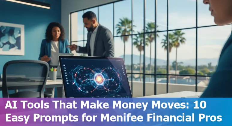 Bank teller interface and AI icons overlay showing top AI use cases for Menifee financial services.