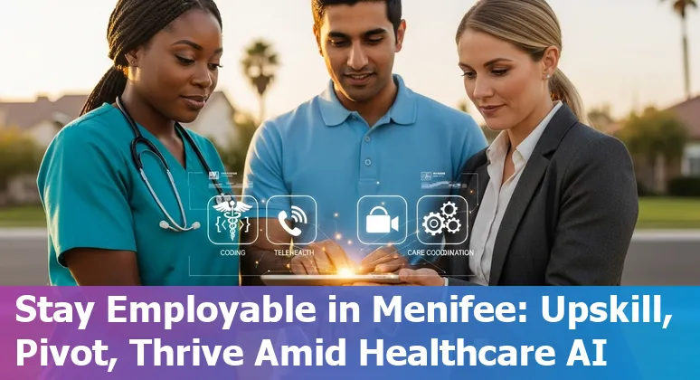 Healthcare worker using AI tools on a tablet in a Menifee clinic; icons for training and career pivots