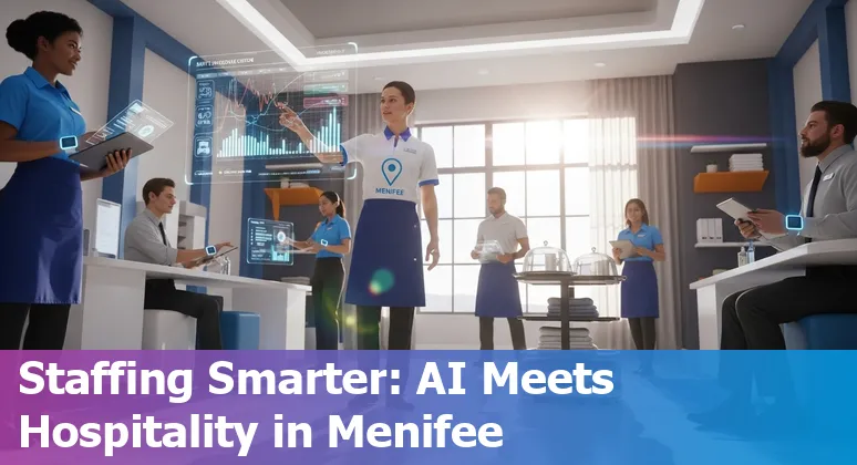 Hospital front desk with AI kiosk and robots serving guests at a hotel in Menifee, California