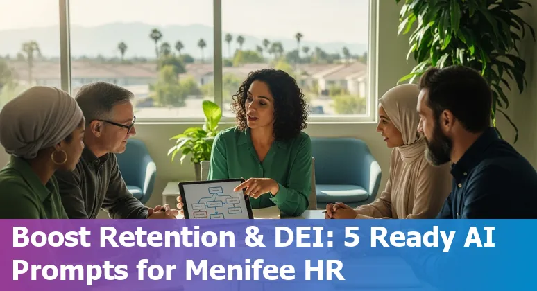 HR professional using AI prompts on a laptop with Menifee, California skyline in background